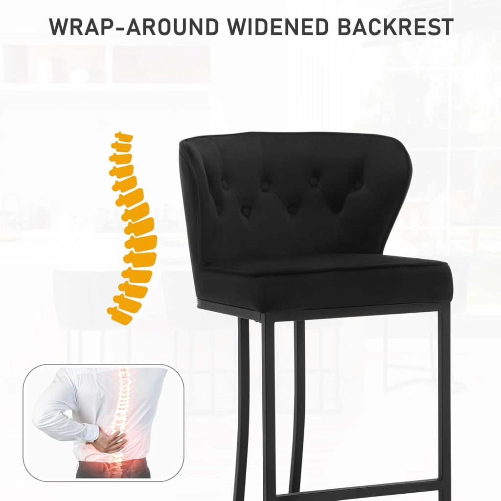 Set di 6 Sgabelli da Bar con Schienale, Sedie Sala da Pranzo con Poggiapiedi, Sedie Ergonomica per Cucina, Camera da Letto, Soggiorno, Sgabelli in Velluto e Gambe in Metallo, Nero, BH383sz-6