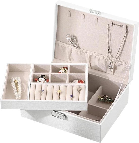 Cassa da gioielli a doppio strato per donne con chiusura - conservazione degli accessori - cassetto rimovibile - bianco