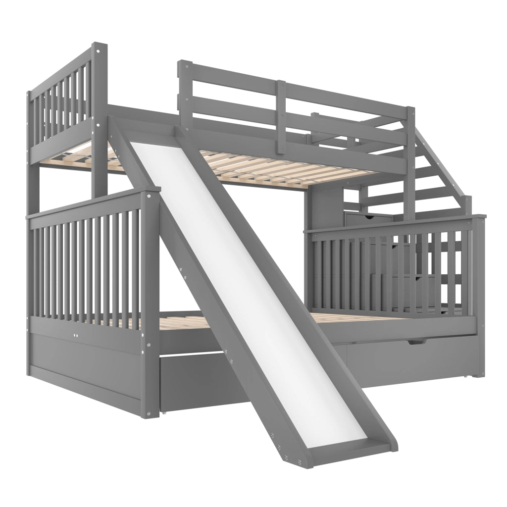 DESMIU Letto a castello 90 × 200 e 140 × 200 cm 2 posti con cassetti, scivolo e scala, senza materasso, grigio