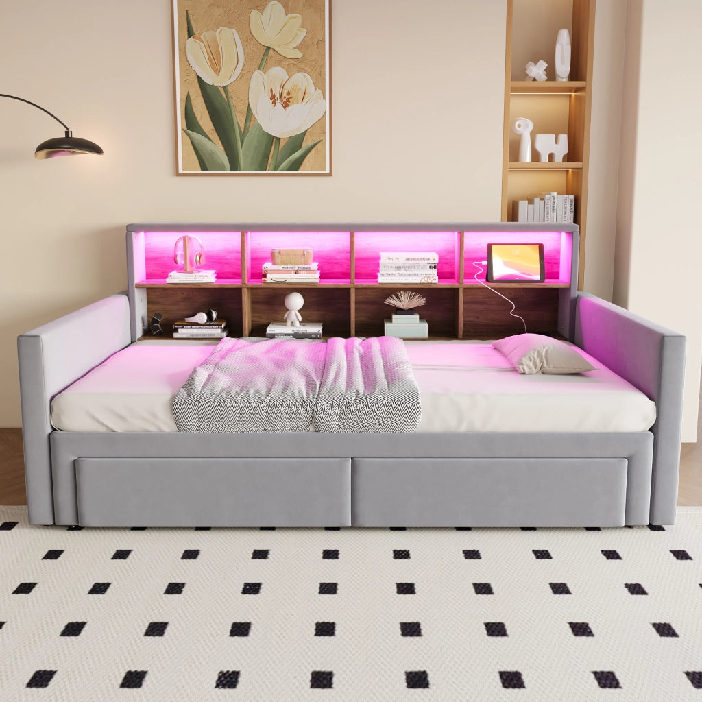 OKWISH Letto Estraibile 90 x 190 cm, Letto Singolo con 2 Cassetti, LED, USB e Tipo C, estensibile a 180 cm, senza materasso