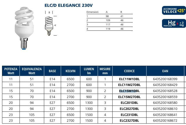 Lampada ai l.fredda fluor. eleg. elc15m1d e14 15w compatte