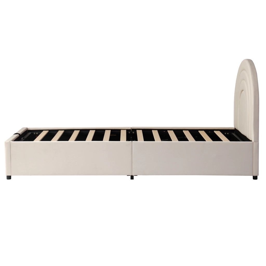 Letto per bambini 90 x 200 cm, letto imbottito, letto per ragazzi, in velluto, con contenitore, color beige