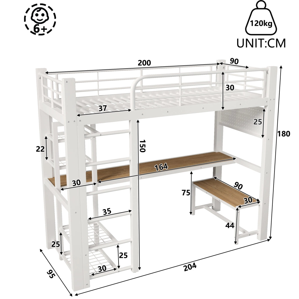 Letto a soppalco singolo 90×200 cm con LED; scrivania e ripiani; senza materasso; metallo; bianco
