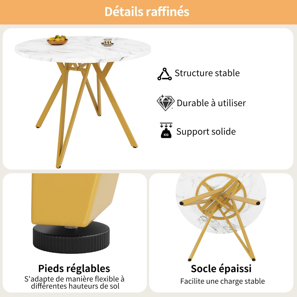 Tavolo da pranzo rotondo con 4 sedie, piano effetto marmo e gambe in metallo regolabili, per cucina, 100 × 100 × 76 cm