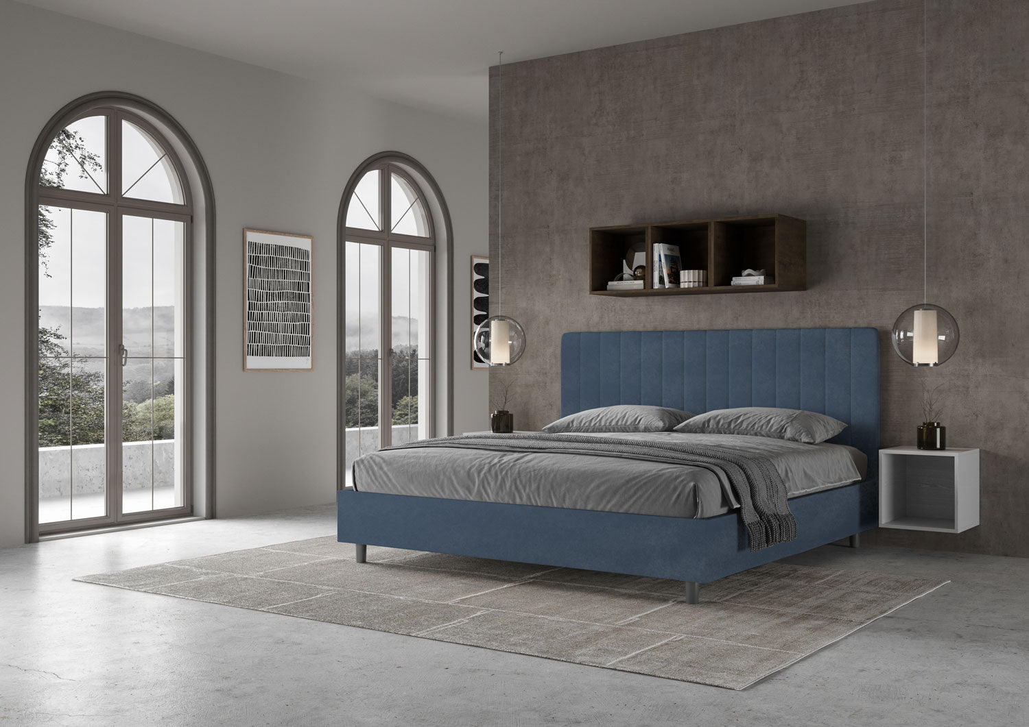 Letto Matrimoniale King Size 180x210 cm con Rete Imbottito in Microfibra Agueda Blu