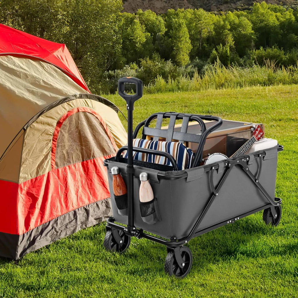 Carrello da Spiaggia Pieghevole 170 L, Carrello con Ruote Portatutto con Maniglia Regolabile e 360° Ruote, Portabottiglie e Tasca Portaoggetti, Carretto Giardino per Campeggio (Grigio)