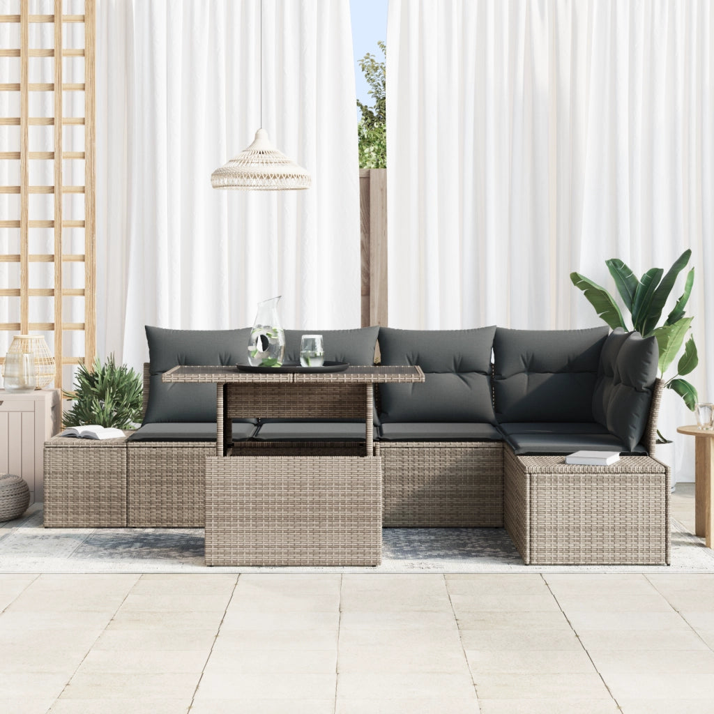 Set Divano da Giardino di 6 Pezzi con Cuscini Grigio Polyrattan