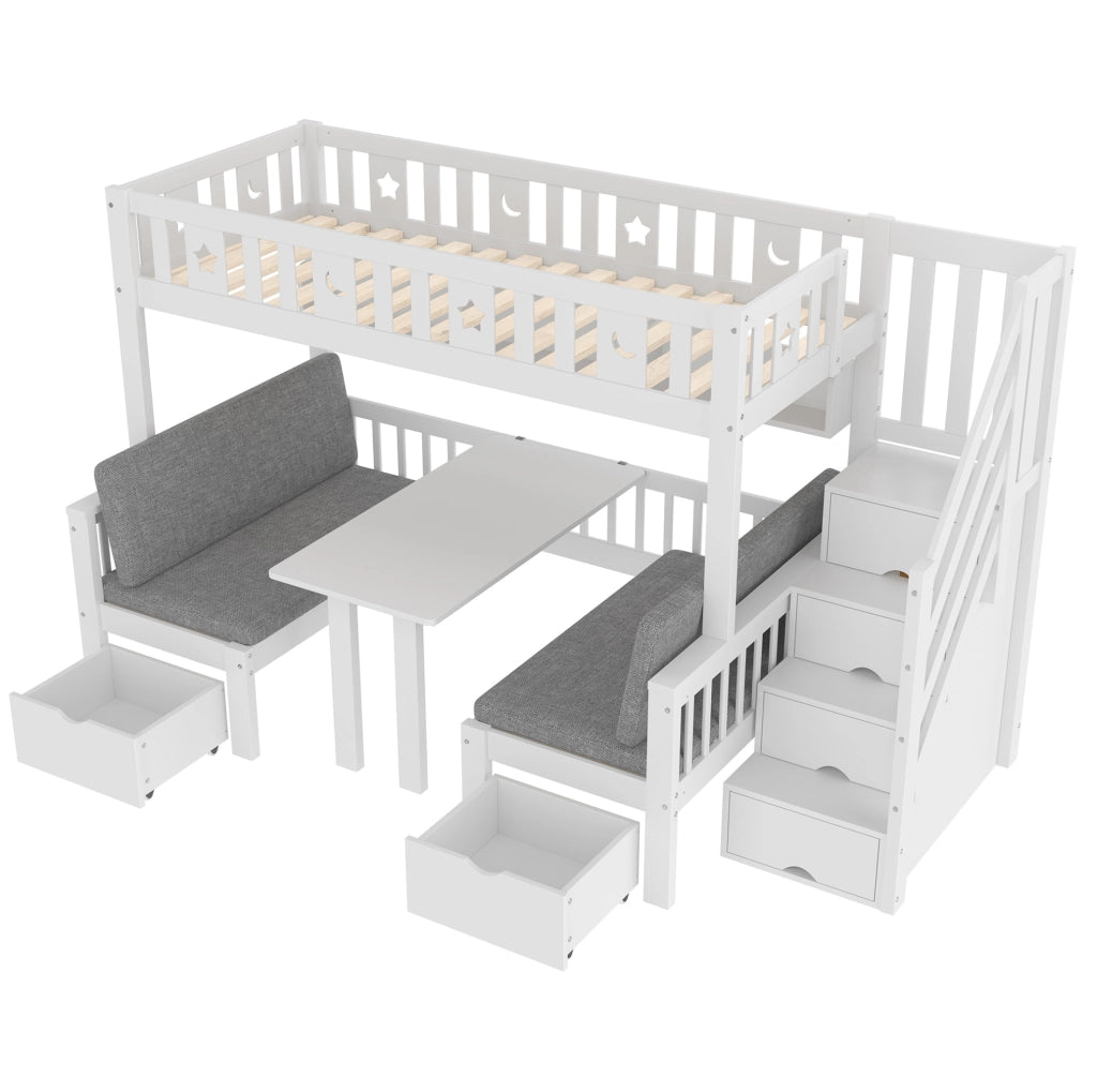 Letto a soppalco multifunzionale 90x200 cm con scrivania pieghevole e scala contenitore