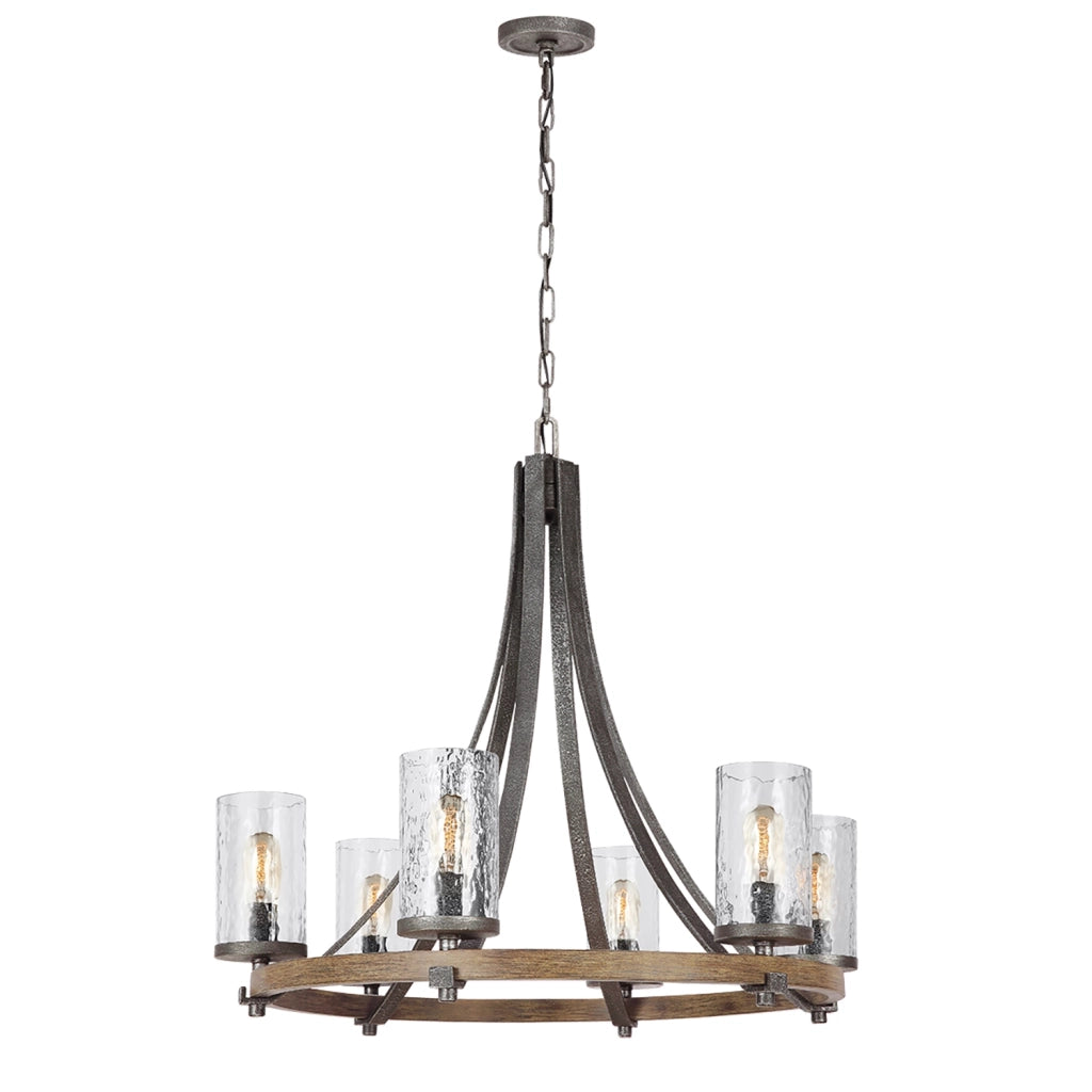 Lampadario Industrial Angelo Acciaio Anticato Metallo Vetro Grigio 6 Luci E27