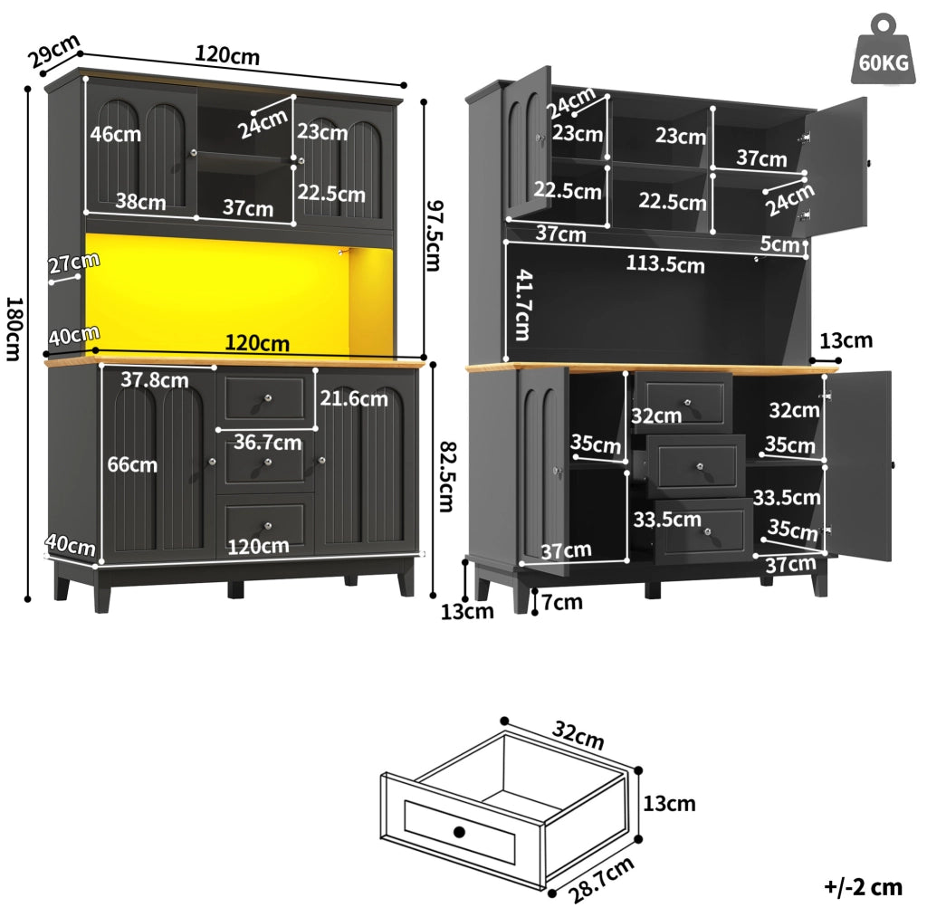 Mobile alto 120x40x180 cm in MDF nero e legno chiaro con LED smart