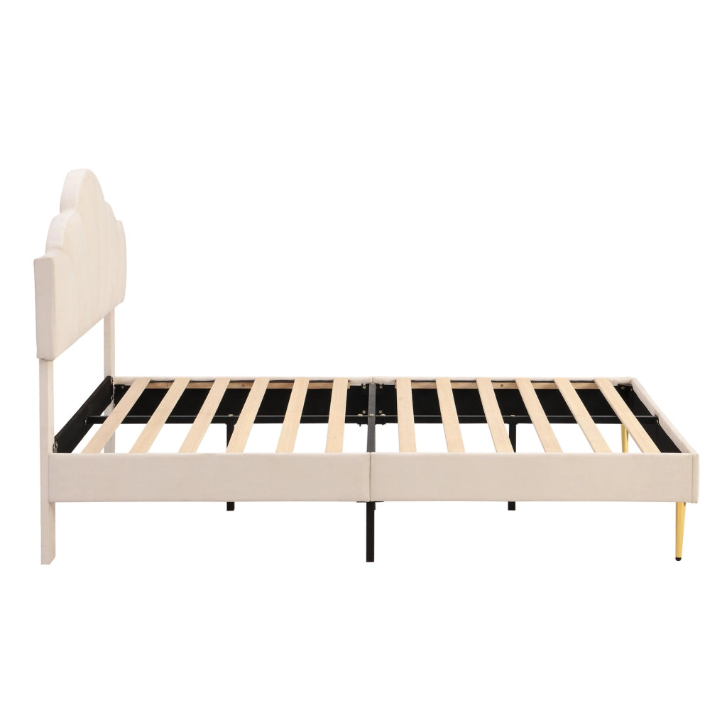 Letto matrimoniale imbottito 140x190 cm in velluto beige con testiera regolabile e rete a doghe