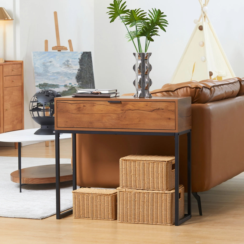 TAVOLINO CONSOLLE con cassetto 80 x 30 x 76 cm in legno naturale e metallo nero