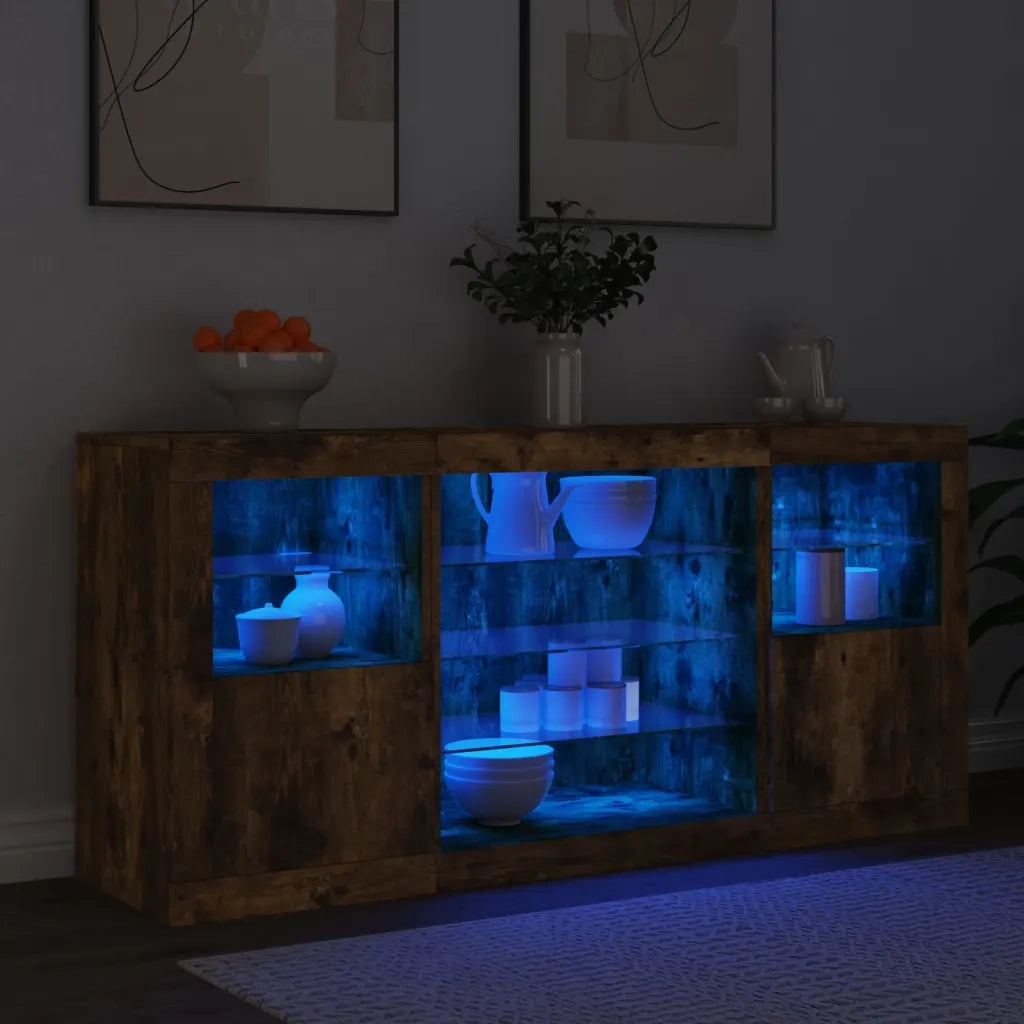 Credenza con Luci LED Rovere Fumo 142,5x37x67 cm 3209090