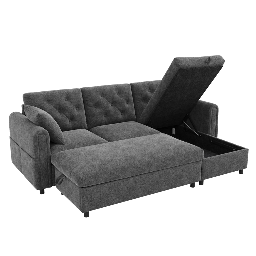 Divano in velluto grigio con chaise longue e pouf contenitore, seduta con molle insacchettate, 219 x 131 x 86 cm