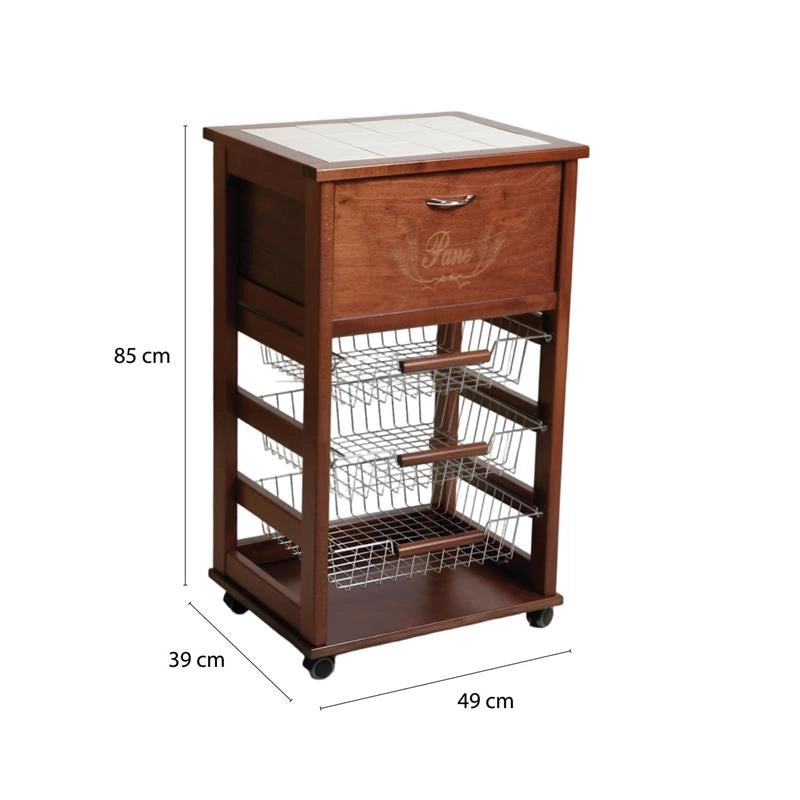 VESUVIO CARRELLO PORTAPANE 85X49X39 CM IN COLORE NOCE TOP BIANCO