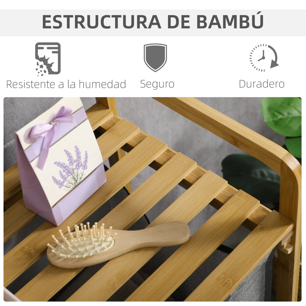 Cestino per il bucato in bamb¨´ con 2 sacchetti e ripiano ¨C Minimal ¨C 63.5x33x73 cm naturale grigio