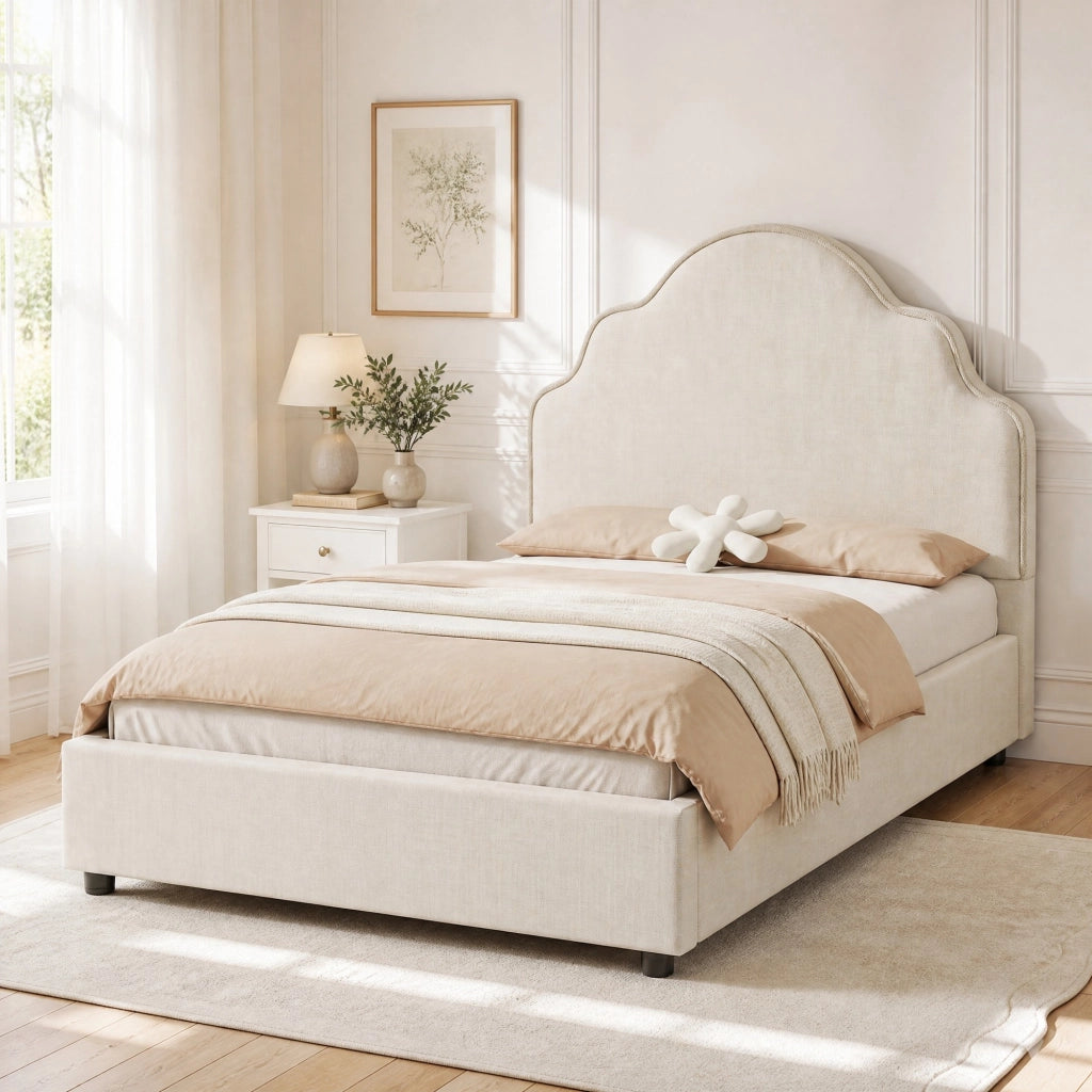 Letto singolo imbottito 90x200 cm con testiera curva, in lino beige, con rete a doghe, senza materasso