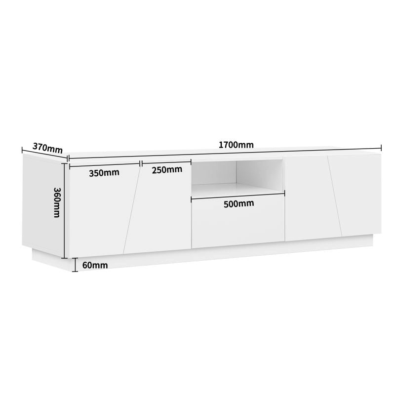 Mobile TV con 4 Ante e 2 Vani Aperti; senza Maniglie; per Soggiorno; in MDF; 170 × 37 × 42 cm; Bianco