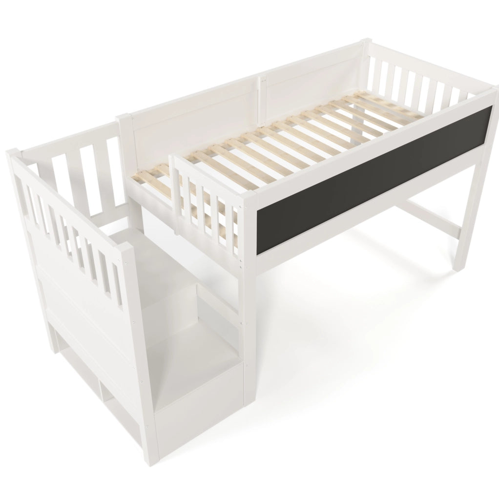Letto a soppalco per bambini 90x200 cm in MDF e legno massiccio bianco con scala e lavagna