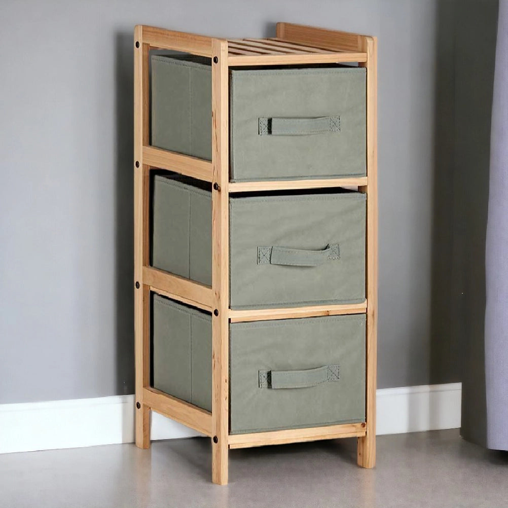 Mobile Cassettiera 3 Cassetti in Legno Naturale e Stoffa Colore Grigio H 70cm