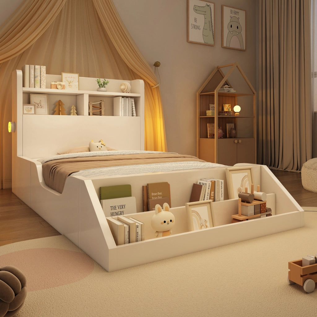 Letto singolo 90x200 cm in legno bianco con luci notturne e libreria