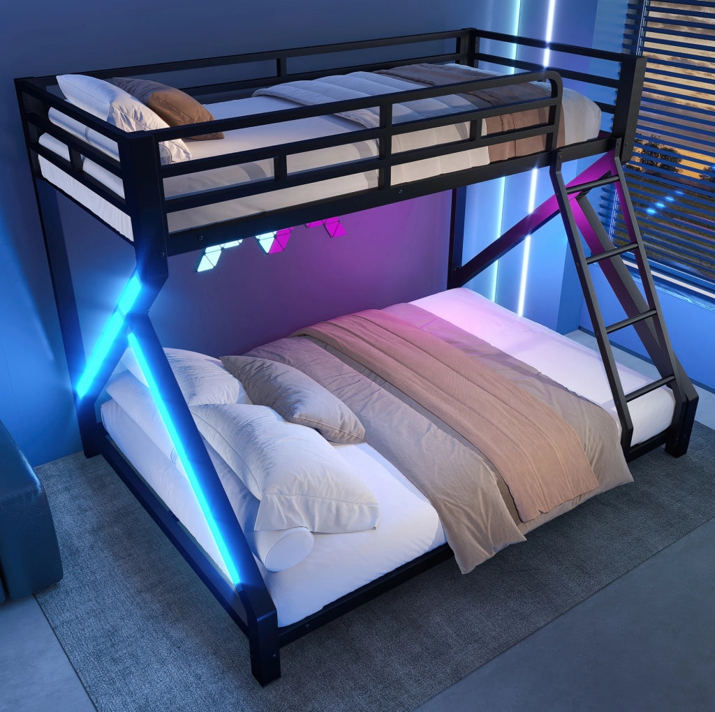 Letto a castello in metallo con LED; misure 90x200 cm e 140x200 cm; nero