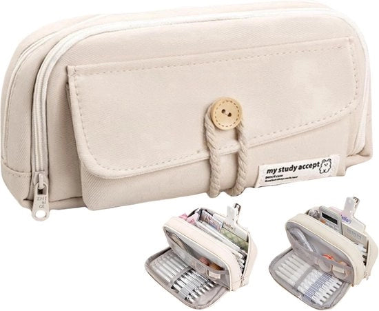 Etui con 4 compartimenti grande contenitore per ragazzi ragazze adulti etui disordinato contenitore per materiali scrittori astuccio per penna per scuola ufficio (beige)