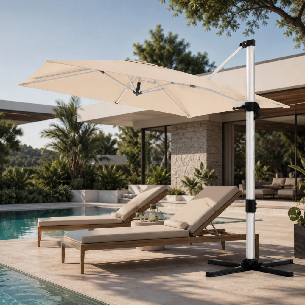 Ombrellone Decentrato 3X3 Metri Con Base A Croce Per Giardino Terrazza Patio E Piscina Struttura In Alluminio Antiruggine Telo Impermeabile UV50+ Inclinabile 300 x 300 x 260 Cm Beige