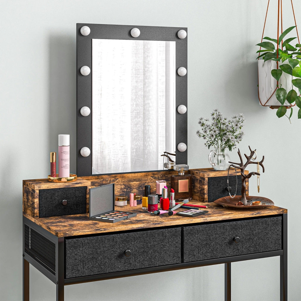 Toeletta con specchio LED regolabile ¨C Xylo ¨C 4 cassetti in tessuto, metallo nero, legno scuro
