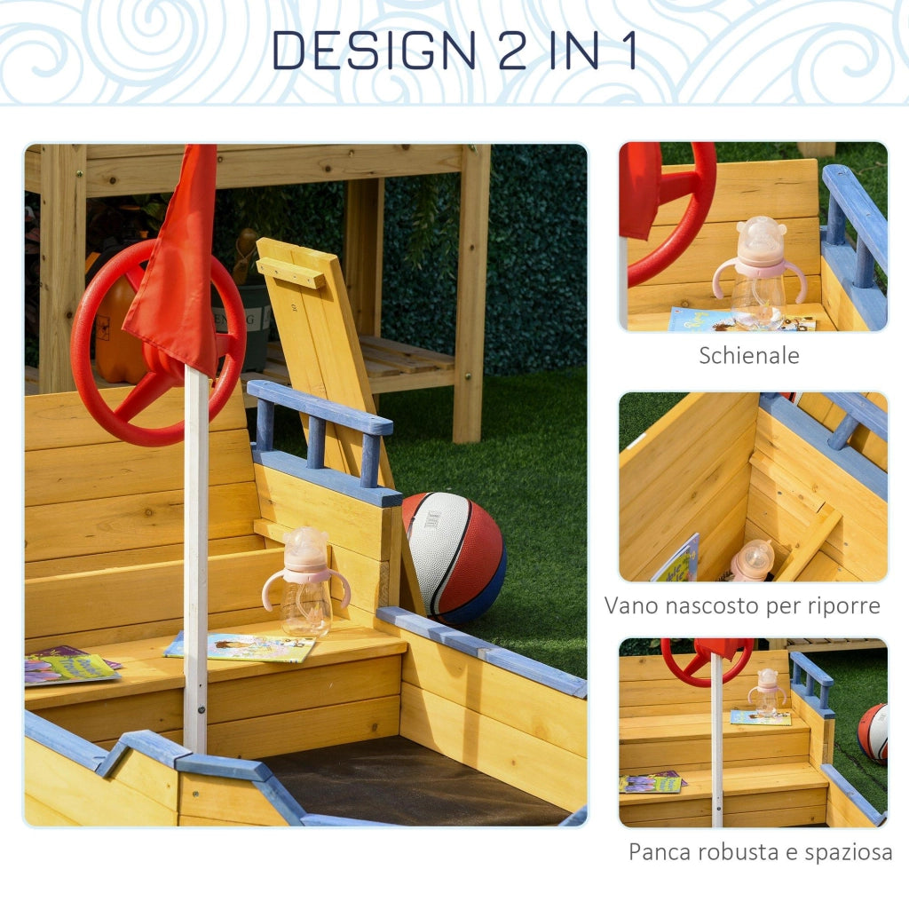 Sabbiera da Esterno per Bambini a Forma di Nave 158x78x45,5 cm con Contenitore in Legno