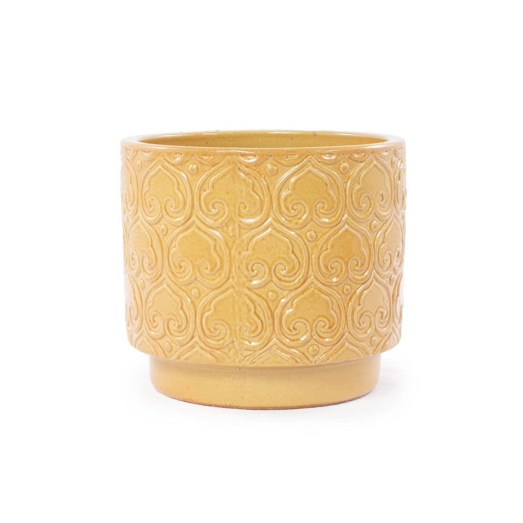 Vaso in ceramica artigianale Ø38 cm, giallo lucido, con base rialzata e foro di drenaggio