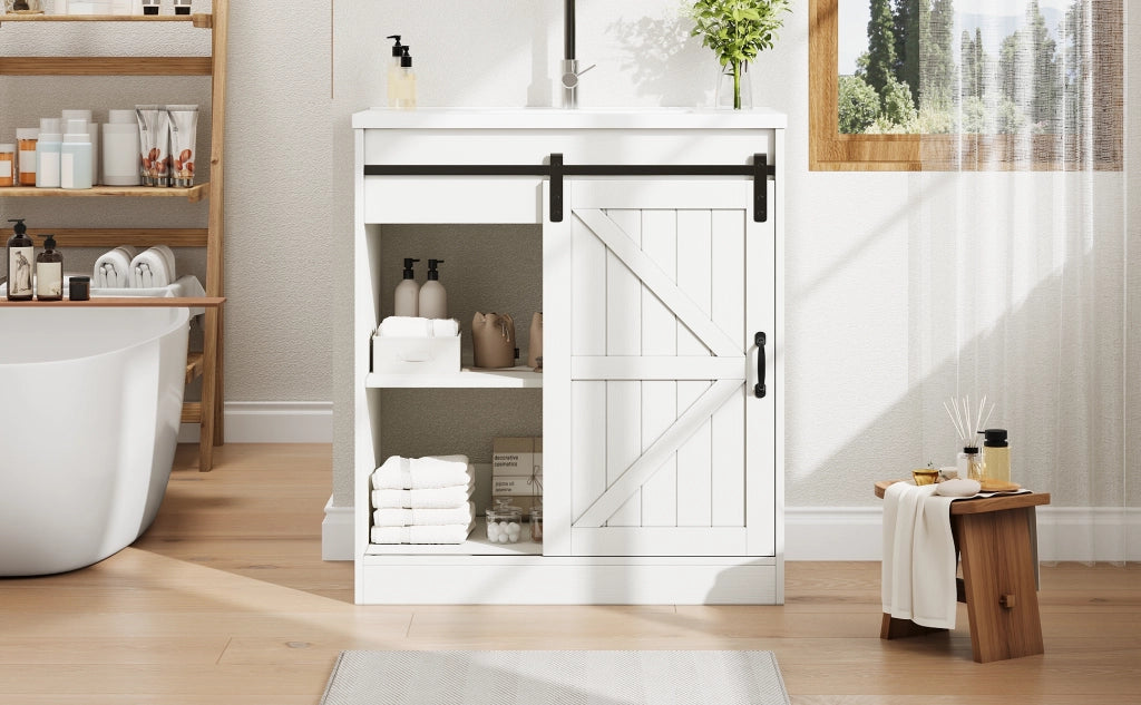 Mobile sottolavabo con lavabo in ceramica e ampio spazio contenitore, per bagno, bianco, 76 × 46,5 × 87,5 cm
