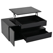 Tavolino da Salotto Sollevabile con 1 Cassetto; 1 Armadietto e LED; Lucido; Stile Moderno; in Pannello di Truciolare; Nero
