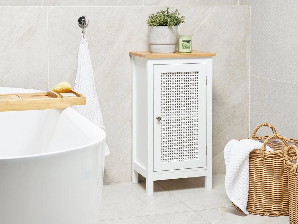 Mobiletto per il bagno con ripiani e ante traforate MDF Bianco 30 x 75 cm stile raffinato