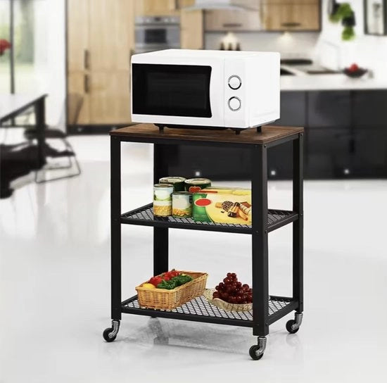 Servizio a Tre Livelli con Ruote – Carrello di Servizio in Legno Stile Rurale – Cesta di Rifornimento per Cucina e Salotto