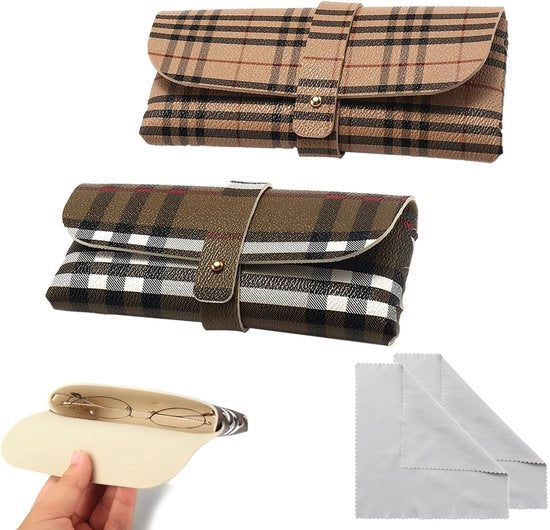 Custodia per Occhiali Portatile - 2 Pezzi - Leggera e Sottile - Inclusa Sacchetta per Pulire gli Occhiali - Materiale PVC - Colore Miele - Dimensioni 16,5 x 8 x 2,7 cm