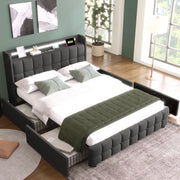 Letto Imbottito con LED, USB e Contenitore ¨C MINIMAL ¨C Grigio 140x200, Doghe in Legno, 4 Cassetti