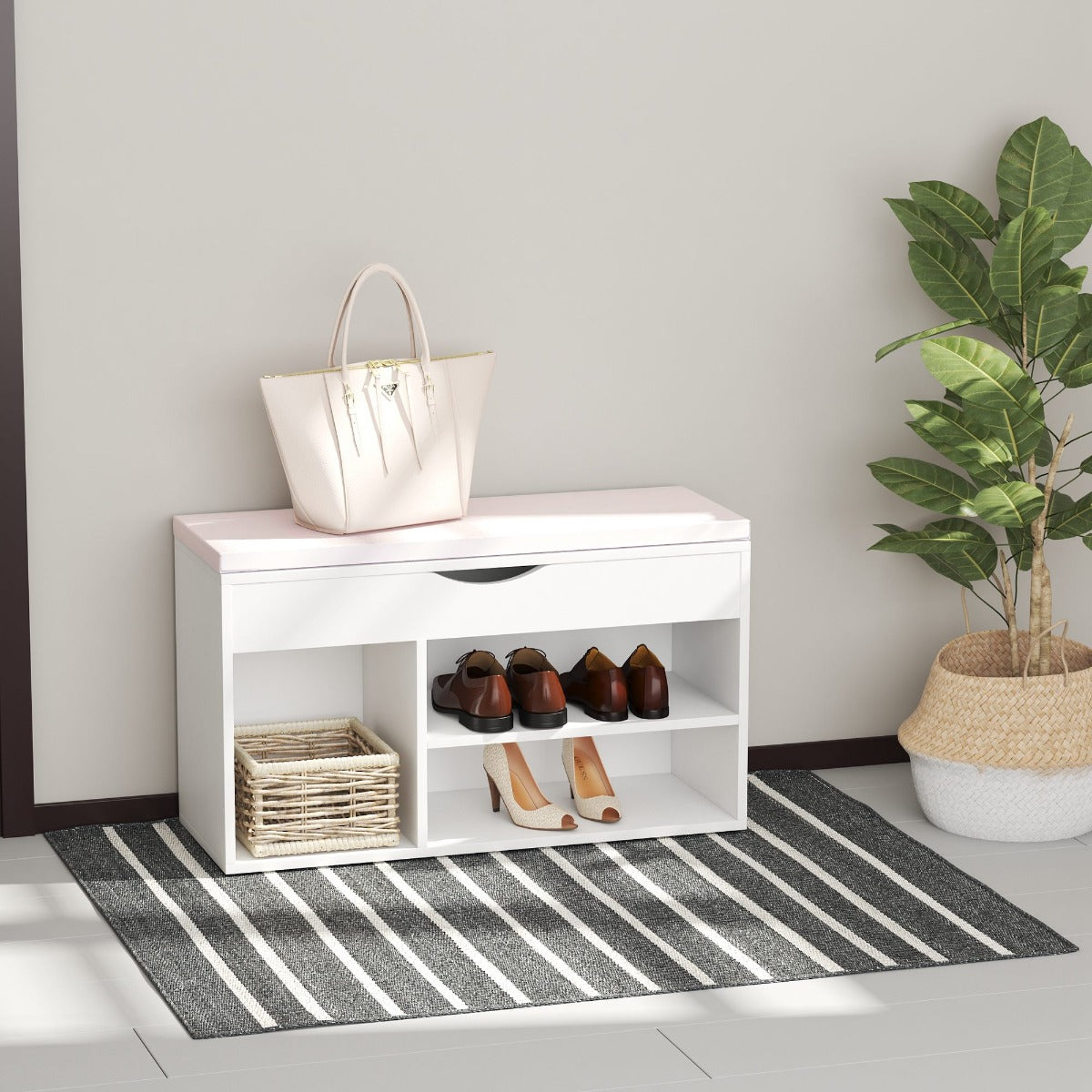 Easycomfort Scarpiera Panca con Sedile Imbottito Ribaltabile da Ingresso Legno 80x30x47cm Bianco