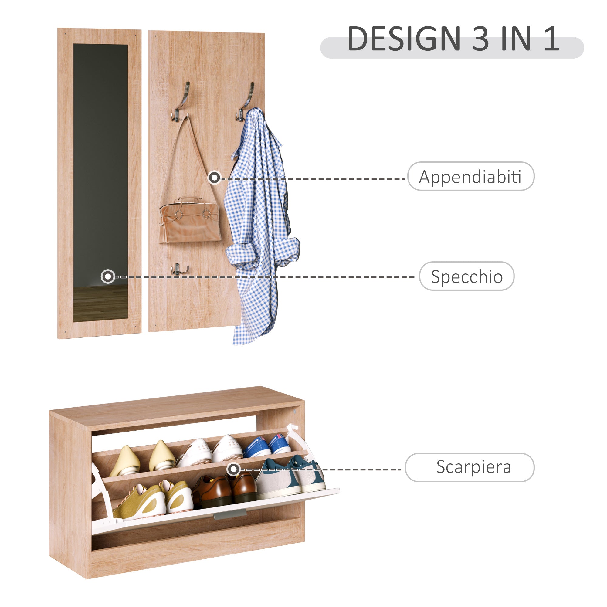 Easycomfort Mobile per Ingresso in Legno Set 3 Pezzi con Scarpiera, Appendiabiti e Specchio, 80x27x46.5cm - Color Legno