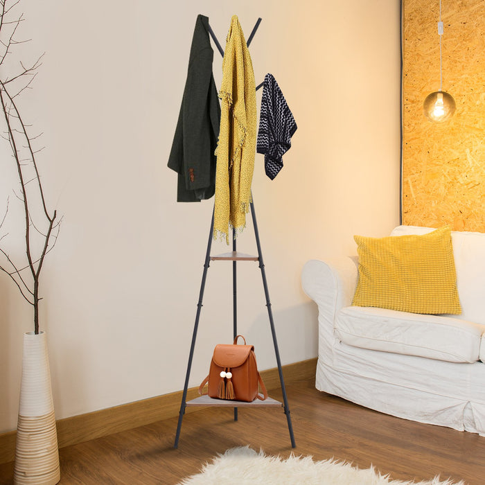 Easycomfort Appendiabiti ad Albero con 2 Ripiani Nero e Marrone in Metallo e Legno