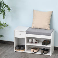 Easycomfort Panca Scarpiera con Cuscino, Cassetto e 3 Vani Aperti in Legno, 81x31.5x49cm, Bianco