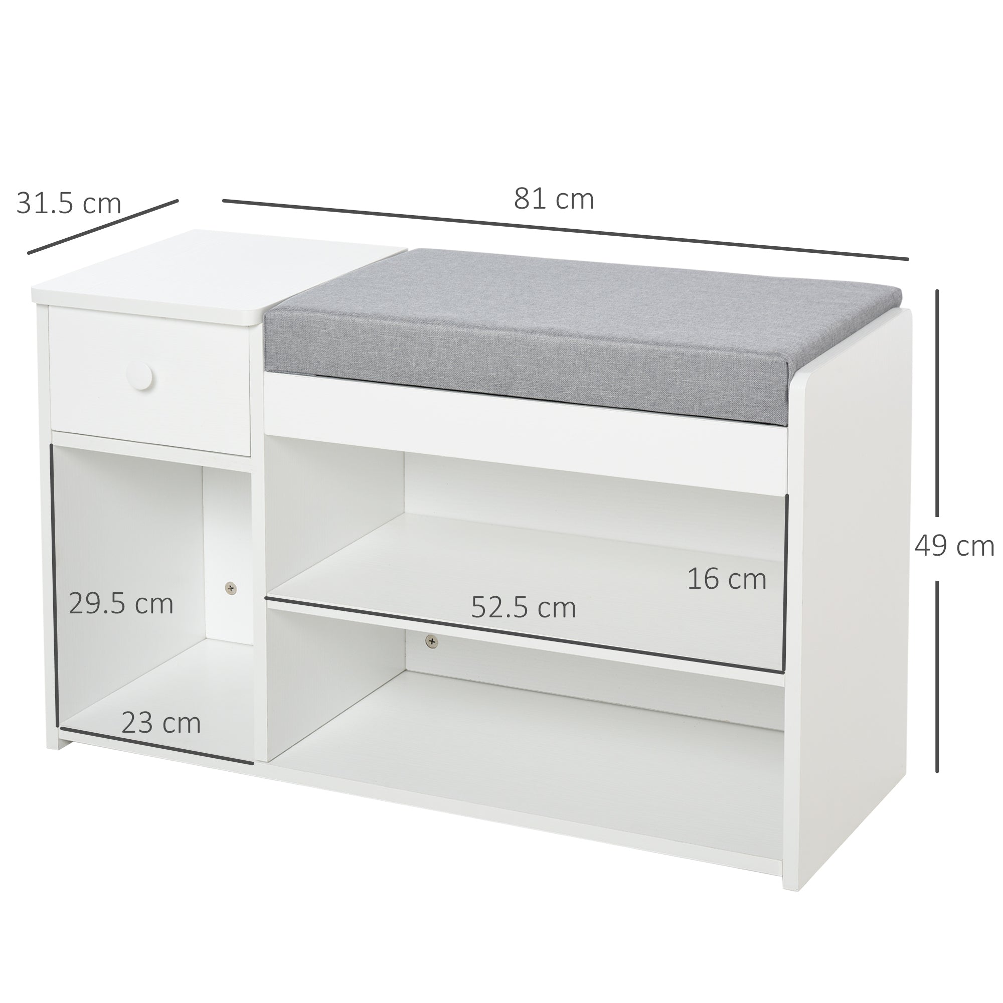 Easycomfort Panca Scarpiera con Cuscino, Cassetto e 3 Vani Aperti in Legno, 81x31.5x49cm, Bianco