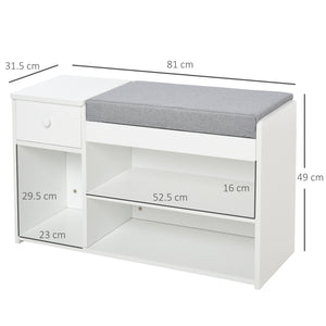 Easycomfort Panca Scarpiera con Cuscino, Cassetto e 3 Vani Aperti in Legno, 81x31.5x49cm, Bianco