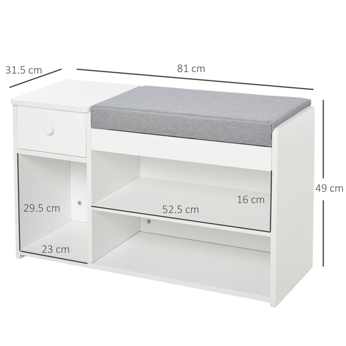 Easycomfort Panca Scarpiera con Cuscino, Cassetto e 3 Vani Aperti in Legno, 81x31.5x49cm, Bianco