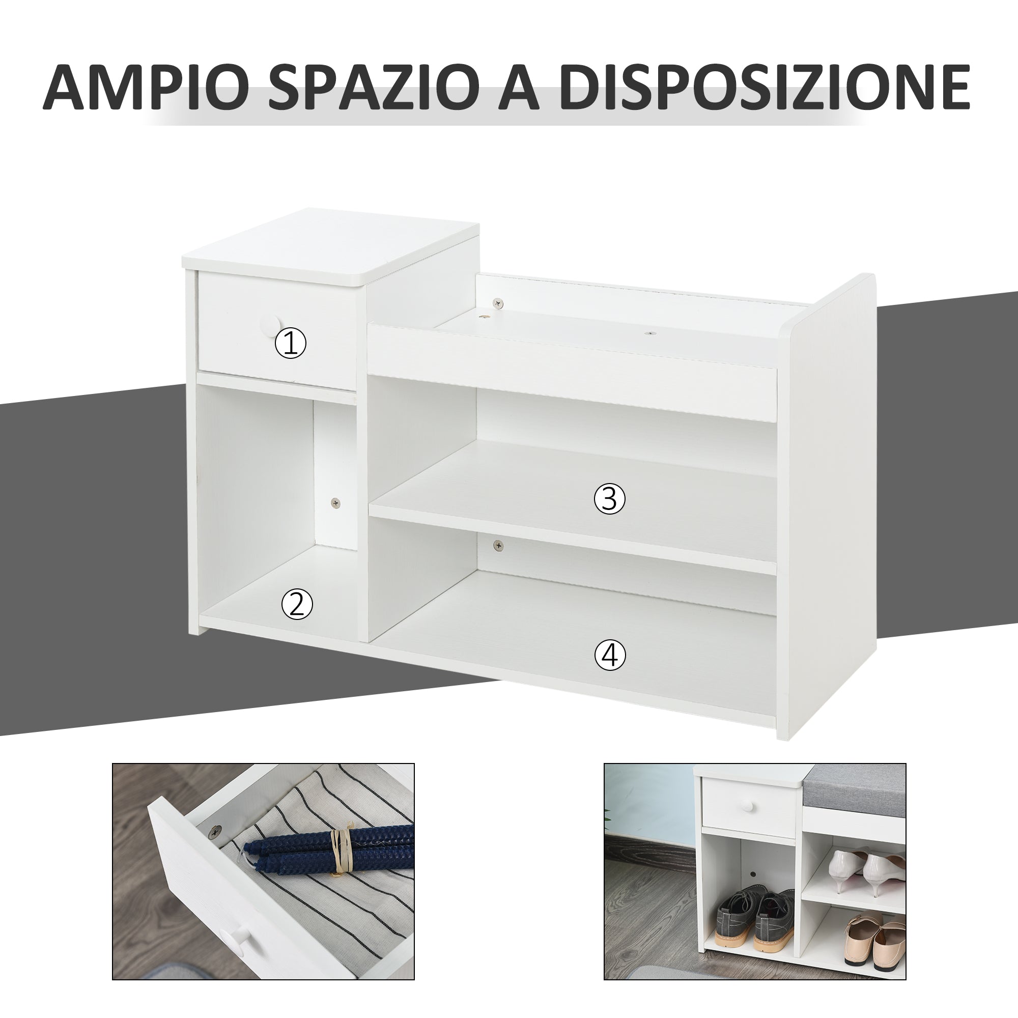 Easycomfort Panca Scarpiera con Cuscino, Cassetto e 3 Vani Aperti in Legno, 81x31.5x49cm, Bianco
