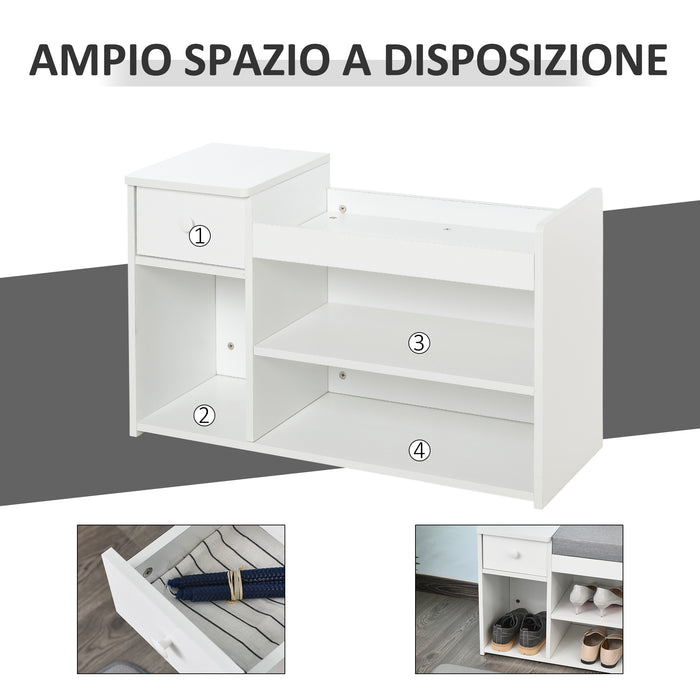 Easycomfort Panca Scarpiera con Cuscino, Cassetto e 3 Vani Aperti in Legno, 81x31.5x49cm, Bianco