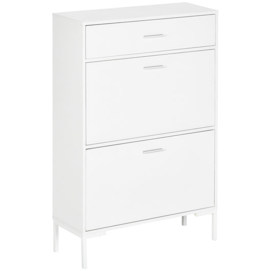 EasyComfort Mobile Scarpiera Moderno per 12 Paia di Scarpe con 2 Ante a Ribalta e Cassetto, 76x26x110 cm, Bianco