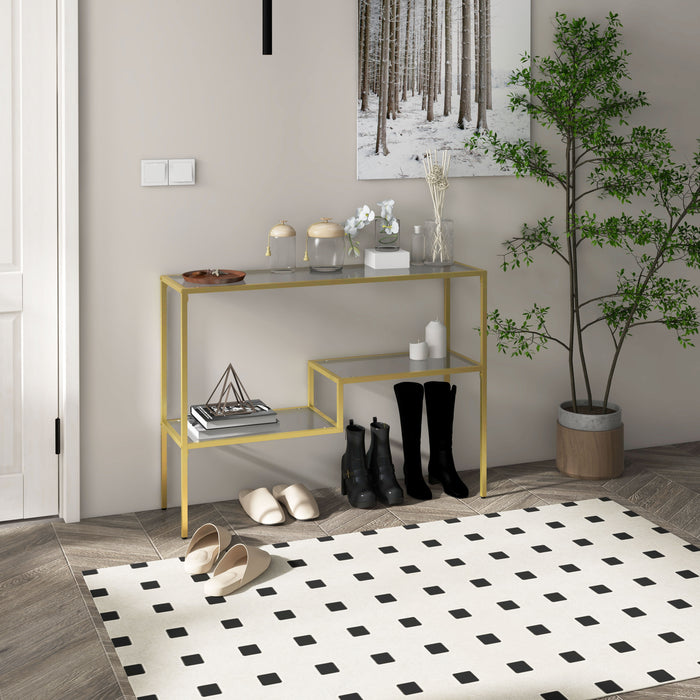 Easycomfort Consolle da Ingresso a 3 Ripiani in Acciaio e Vetro Temperato, 100x32x76 cm, Oro