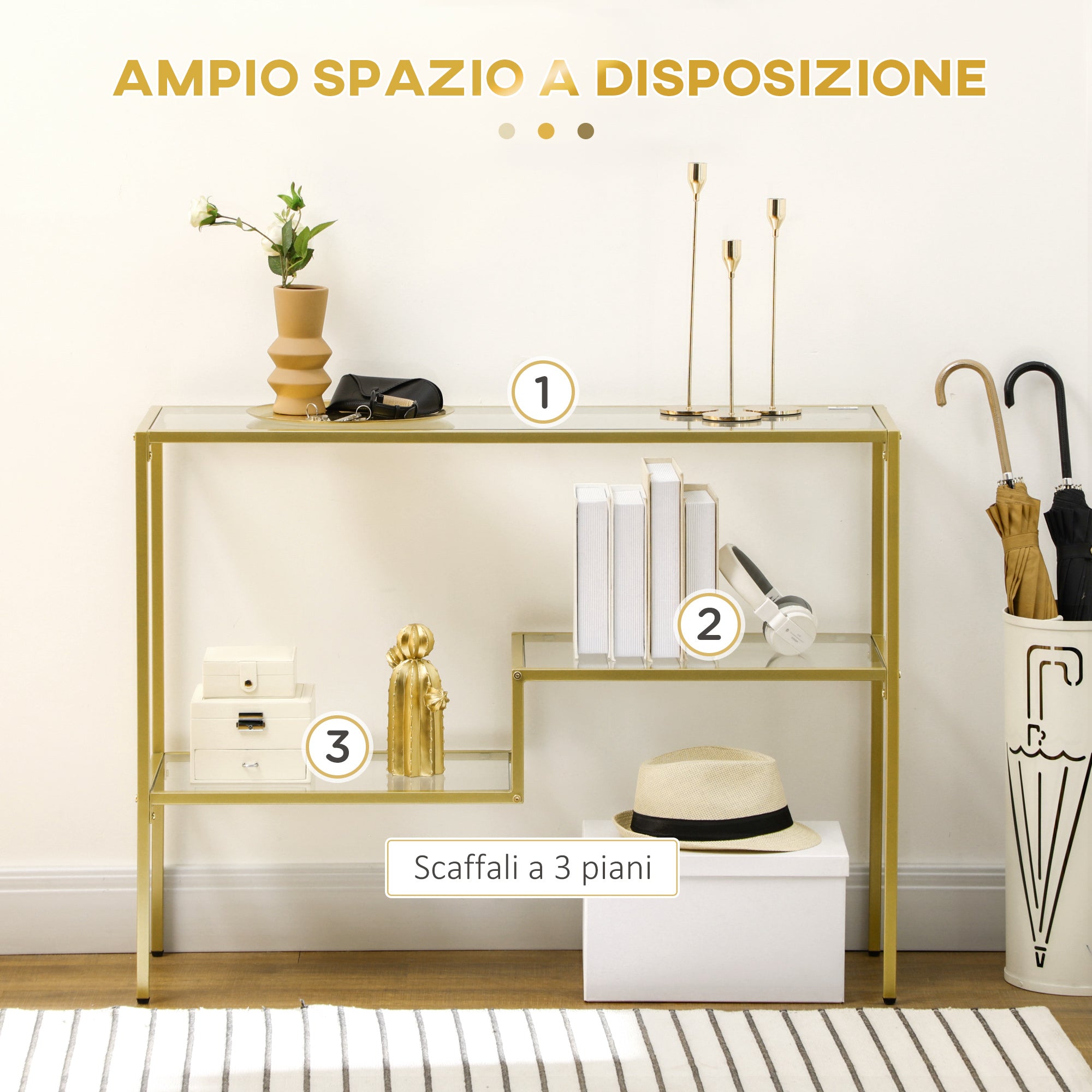 Easycomfort Consolle da Ingresso a 3 Ripiani in Acciaio e Vetro Temperato, 100x32x76 cm, Oro