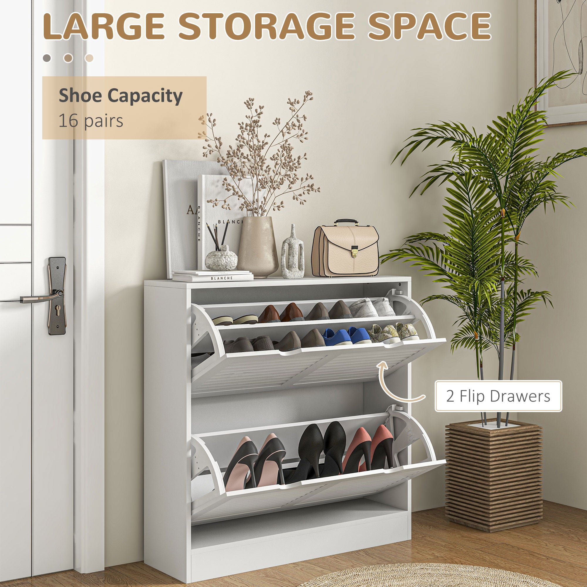 Easycomfort Mobile Scarpiera Salvaspazio in Legno per 16 Paia di Scarpe con 2 Ante a Ribalta, 81.5x25x83cm, Bianco